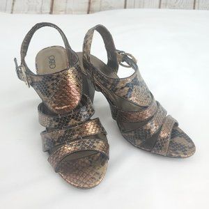 Cato Womens Gold Black Faux Leather Snake Print Block Heel Strappy Sanda…
